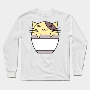 Happy cat in coffee cup with warped text yellow and brown Long Sleeve T-Shirt